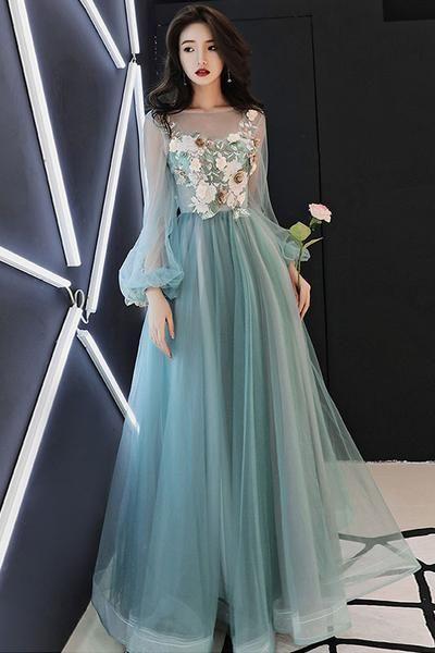 Green Tulle Lace Applique Long Prom Dress, Green Evening Dress M6938