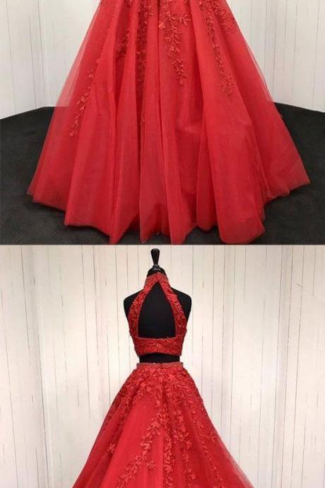 Red Two Pieces Lace Tulle Long Prom Dress, Red Evening Dress M6991