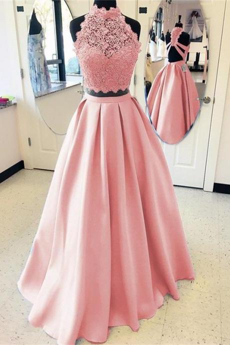 Elegant A-line High Neck Open Back Satin Prom Dresses Two Piece Evening Gowns M6992