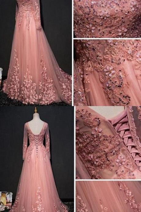 Chic A-line Scoop Floor Length Pink Tulle Applique Prom Dress Evening Dress M6998