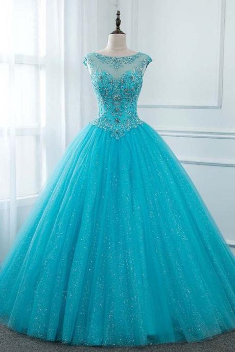 Blue Tulle Open Back Long Lace Up Beaded Hight Waist Evening Dress, Prom Dress M7003
