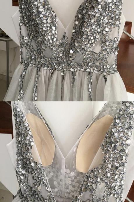 Sparkly Crystal Beaded V-neck Tulle Split Evening Dresses M7008