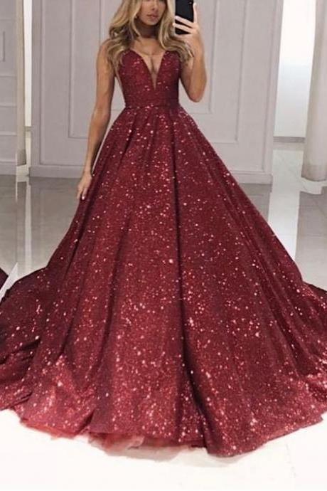 Burgundy Sequin V-neck Ball Gowns Prom Dresses 2019 M7010
