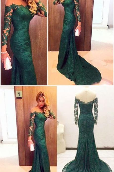 Sheer Neckline Long Sleeves Lace Prom Dresses Mermaid Evening Gowns M7020