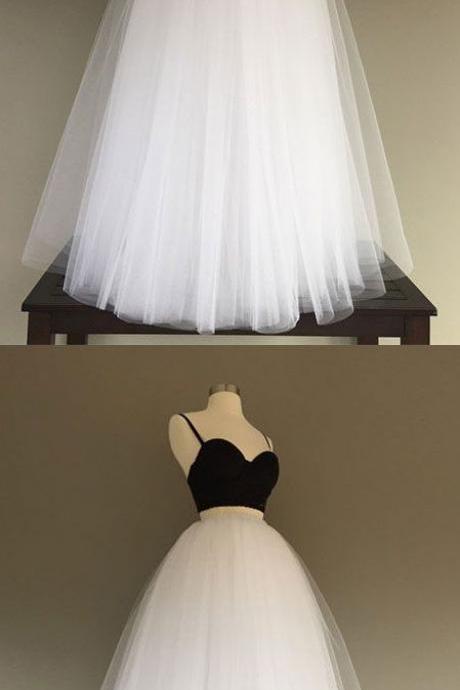 Simple White/black Tulle Two Pieces Long Prom Dress, Evening Dress M7022