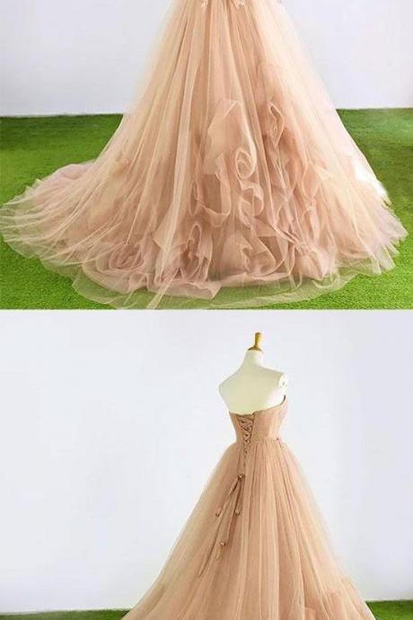 Champagne Sweetheart Neck Tulle Long Prom Dress, Evening Dress, Champagne Tulle Wedding Dress M7027