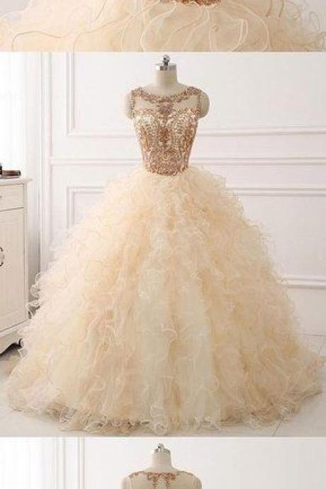 Champagne round neck tulle long prom gown ,champagne evening dress M7028