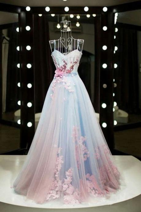 Unique Spaghetti Straps Sleeveless Prom Dress,floor Length Tulle Prom Dress With Appliques M7029