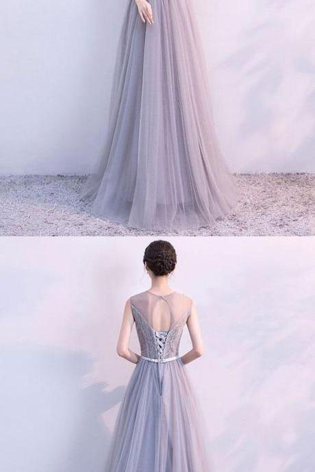 Gray A Line Tulle Lace Long Prom Dress, Lace Evening Dress M7030