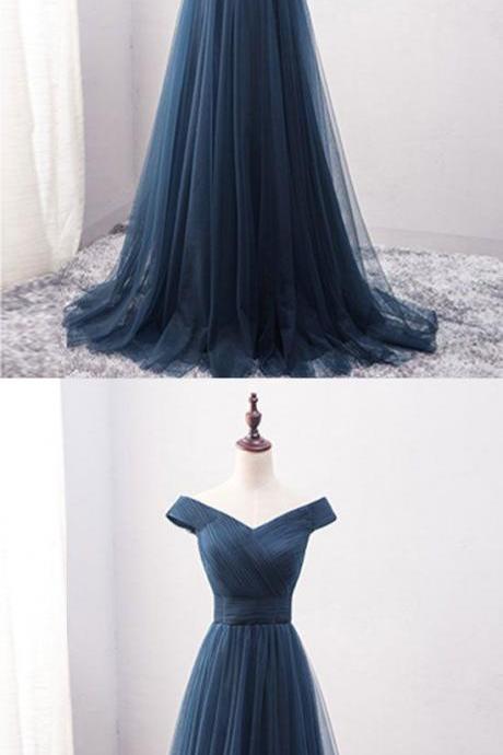 Simple Blue Tulle Long Prom Dress, Blue Evening Dress M7033