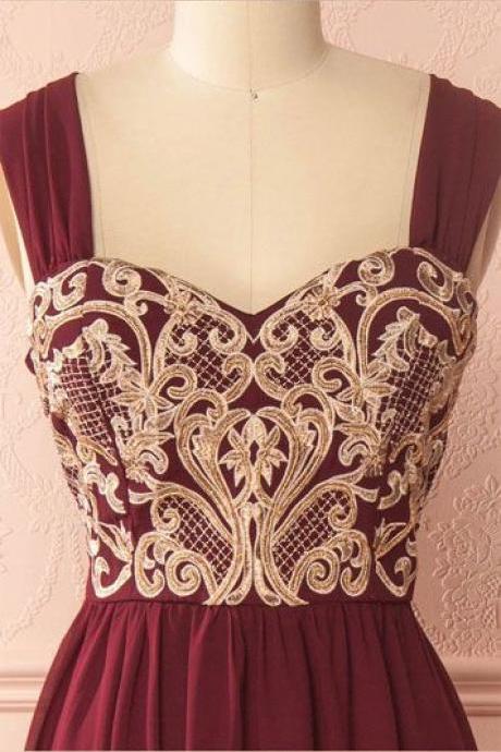 Burgundy Chiffon Lace Applique Long Prom Dress, Burgundy Evening Dress M7035