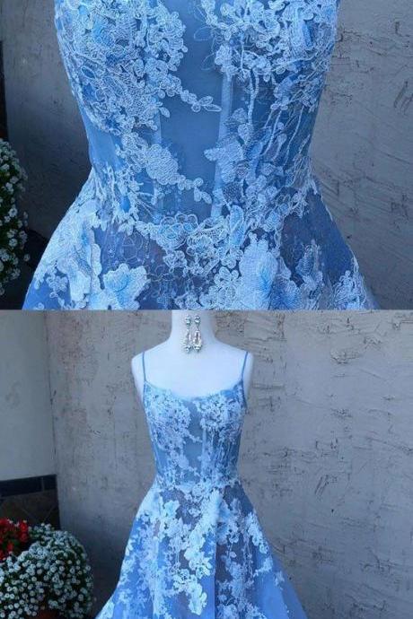 Blue A Line Tulle Lace Long Prom Dress, Blue Evening Dress M7038