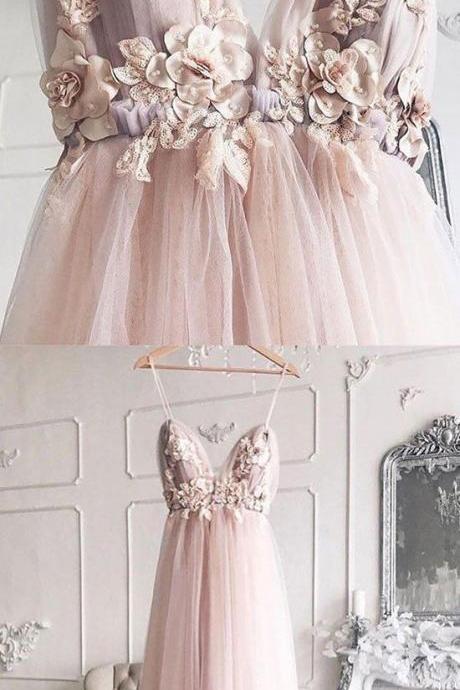 Light Pink V Neck Applique Long Prom Dress, Evening Dress M7040