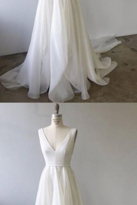 White V Neck Chiffon Long Prom Dress, White Evening Dress M7057
