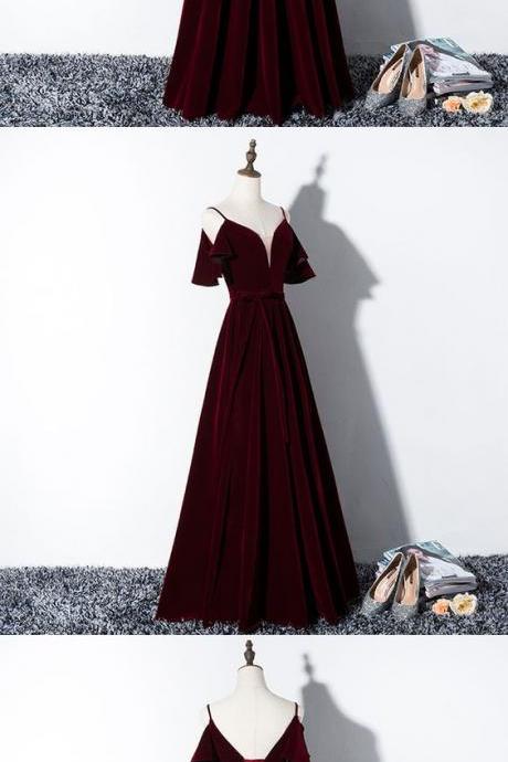 Burgundy Velvet Long Prom Dress, Burgundy Evening Dress M7063