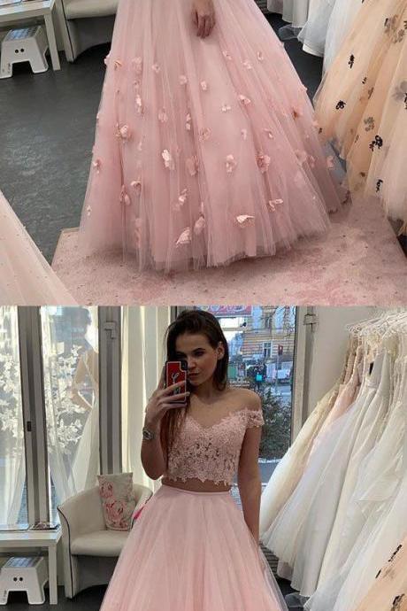 Pink Lace Tulle Long Prom Dress, Two Pieces Evening Dress M7070