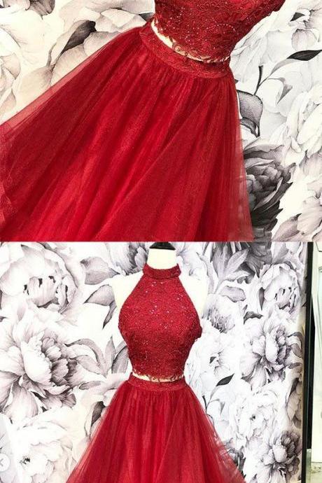 Burgundy Two Pieces Lace Long Prom Dress, Evening Dress M7074