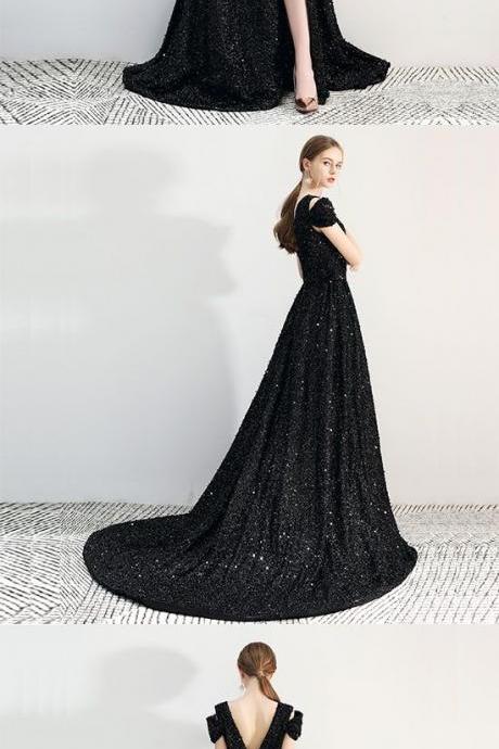 Black Sequins Long Prom Dress, Black Evening Dress M7076