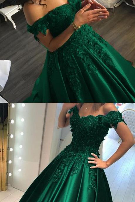 Emerald Green Lace Flower Off Shoulder Prom Dresses 2019 M7086