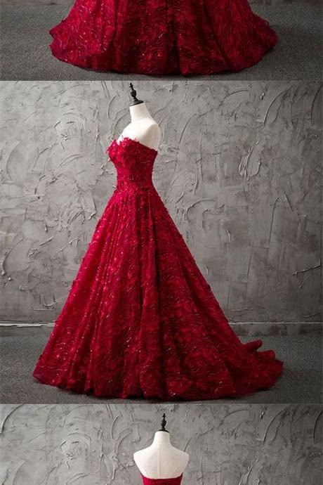 Burgundy lace sequins long prom dress, burgundy evening dress M7100
