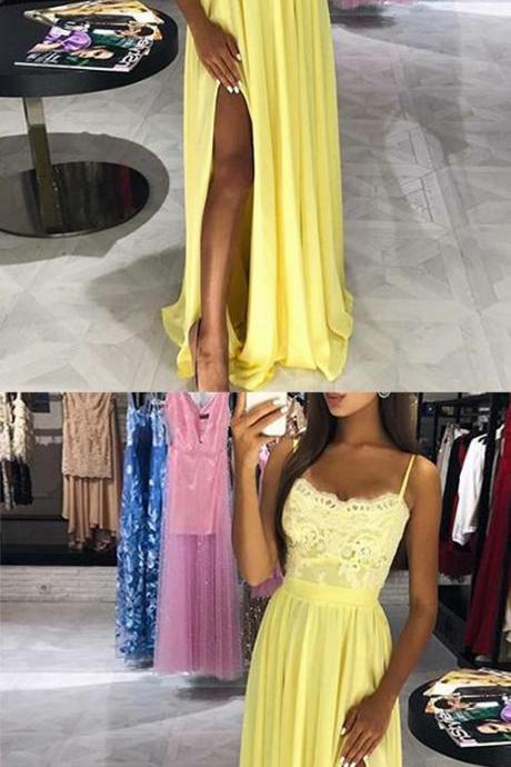 A-line Spaghetti Straps Side Slit Yellow Long Prom Dress With Lace M7121