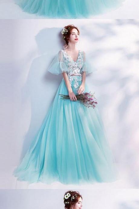 Blue Tulle Lace Long Prom Dress, Lace Evening Dress M7143