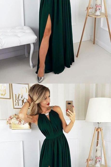 Dark Green Chiffon Long Prom Dress, Simple Evening Dress M7145