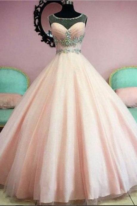 Light orange organza beading see-through long prom dress, princess ball gown prom dresses M7149