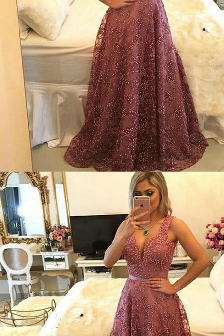 A-line V-neck Sweep Train Pink Lace Prom Dress With Pearls M7151