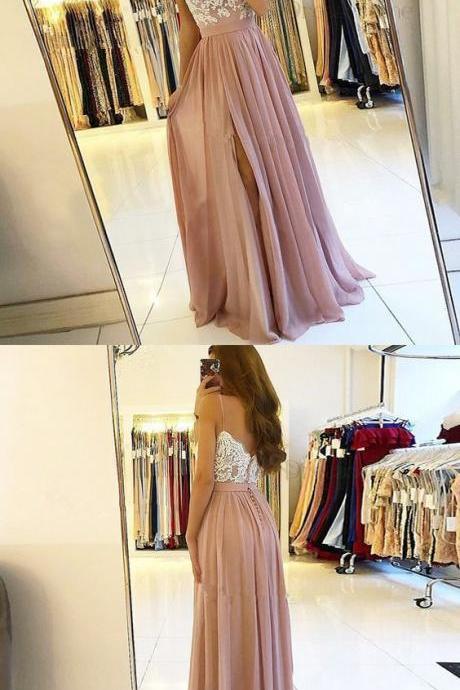 Charming A Line Sweetheart Split White And Blush Lace Long Prom Dresses, Elegant Formal Evening Party Dresses M7154