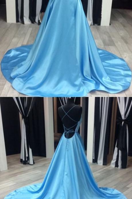 Blue Satin Open Back Prom Dresses Leg Slit Evening Gowns M7158