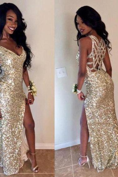 Sexy V-neck Split-front Gold Long/evening Prom Dress M7160