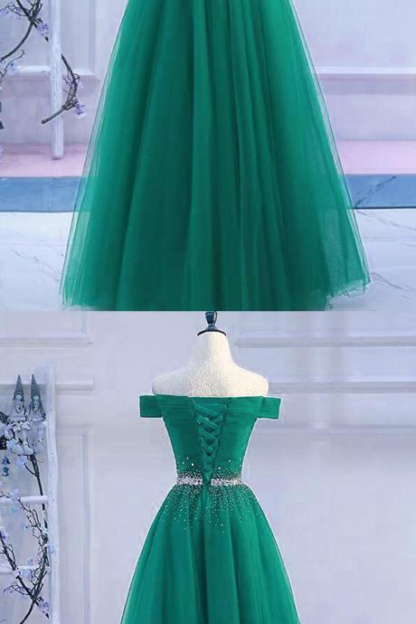 Green Tulle Off Shoulder Long A Line Prom Dress, Sequined Evening Dress M7168