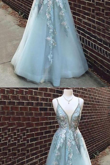 A-line V-neck Light Blue Beaded Long Prom Dress With Appliques M7177