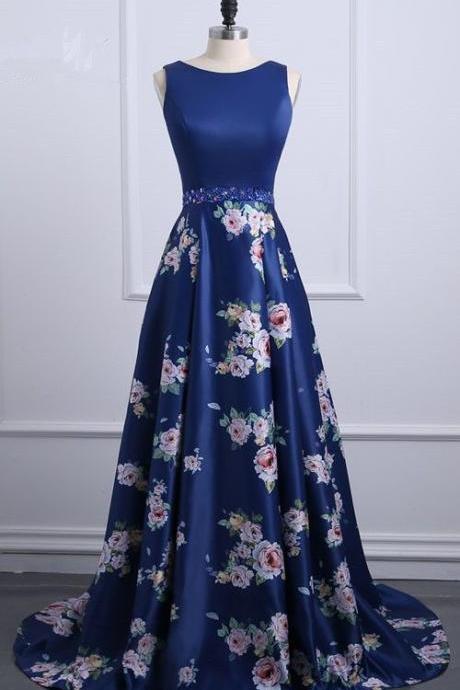 Navy Floral Print Sleeveless Satin Floor Length A Line Long Prom Dress M7185