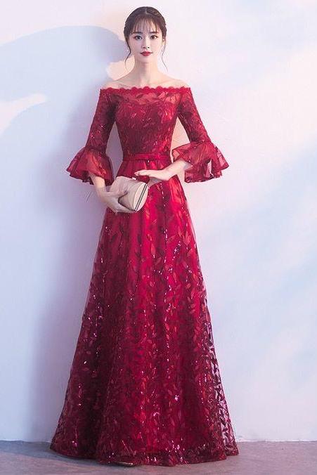 Burgundy Off The Shoulder Sequins Prom Dress M7188