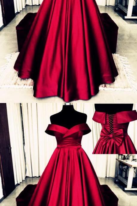 Burgundy Satin Bow Back Prom Dresses Ball Gowns Off The Shoulder M7201