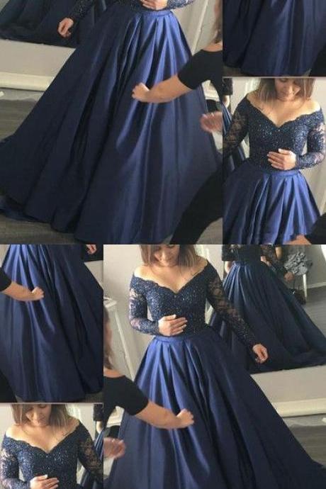 Navy Blue Lace Ball Gown,long Sleeve Prom Dress,custom Made Evening Dress M7202