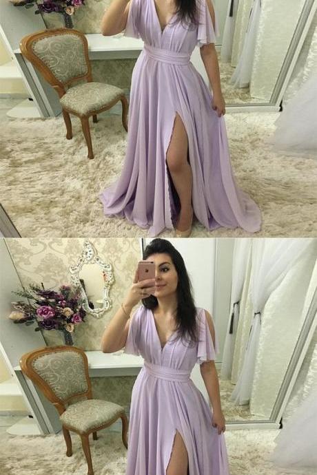 2019 Lavender V Neck Prom Dress Chiffon Cap Sleeve Wedding Party Dress With Side Slit M7203
