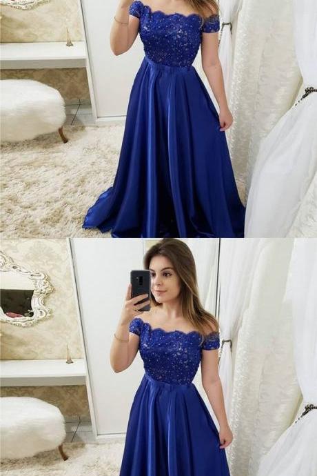 Royal Blue Prom Dress Off The Shoulder Formal Evening Gown With Lace Appliques Bodice M7204