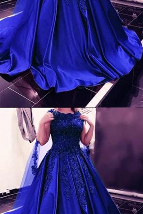 Modest Lace Cap Sleeves Long Satin Prom Dresses Ball Gowns M7209