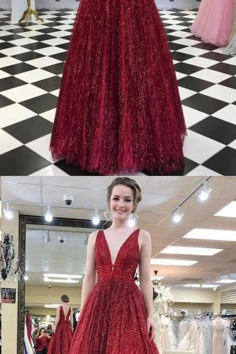 Burgundy Prom Dresses With Straps Aline Long Open Back Sparkly Lace Prom Dress M7221
