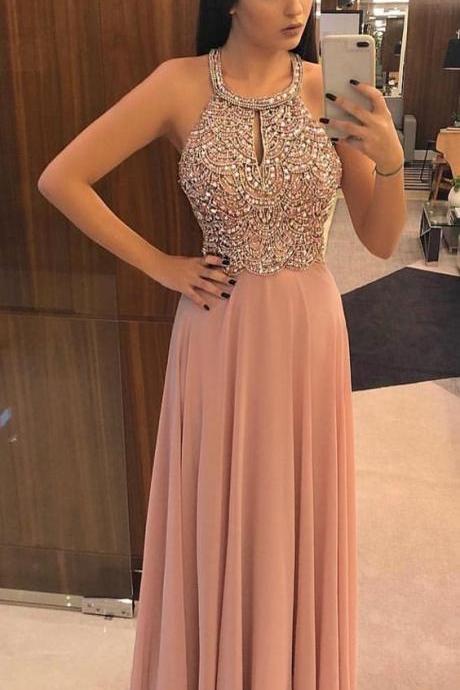 Fancy Scoop Blush Formal Prom Dresses With Beading For Senior Prom M7222