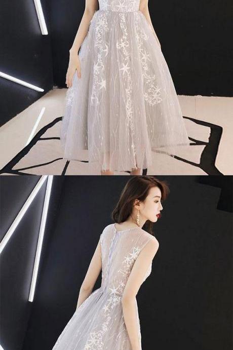 Gray Tulle Lace Short Prom Dress, Gray Homecoming Dress M7231
