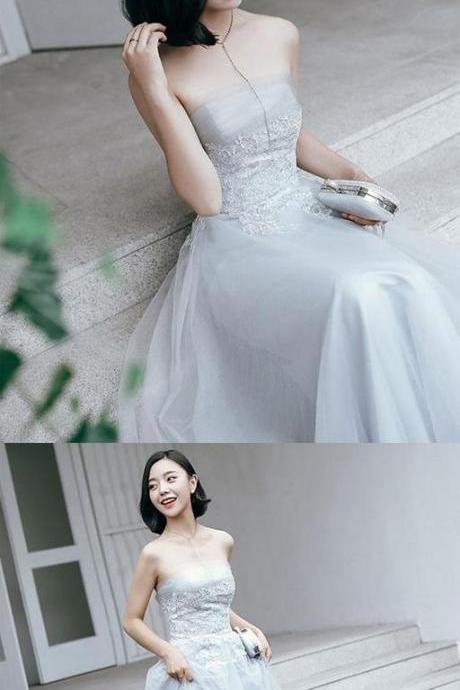 Elegant Gray Blue Strapless Tulle Long Evening Gowns,prom Dresses,party Dresses M7232