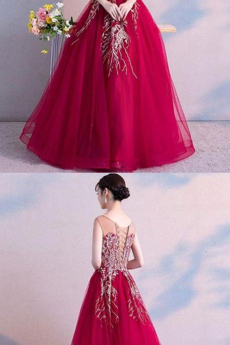 Burgundy Round Neck Tulle Lace Long Prom Dress, Burgundy Evening Dress M7235