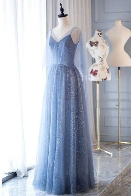 Blue Tulle Long Prom Dress, Blue Tulle Evening M7237