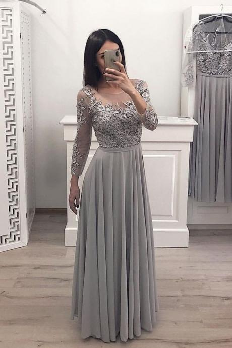 A Line Gray Chiffon Long Sleeves Prom Dresses, Appliques Evening Gown M7238
