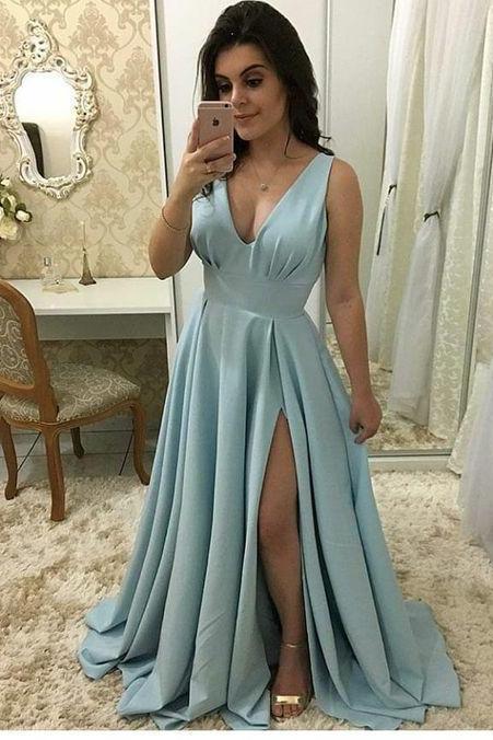 V Neck A Line Prom Dress, Sexy Sleeveless Party Dress, Split Slit Evening Dress M7240