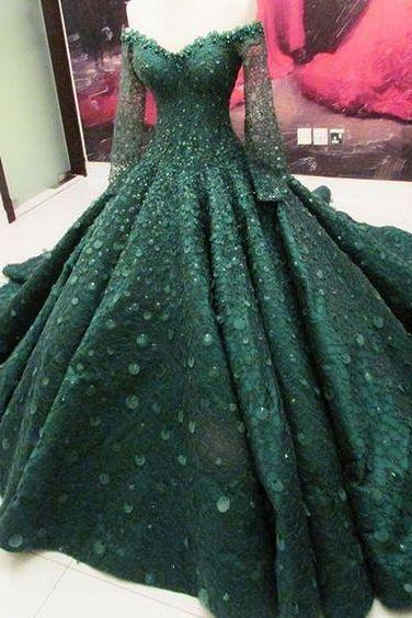 green prom dress,green evening dress, lace prom dress,ball gowns prom dress,off the shoulder long sleeves lace prom dress M7244